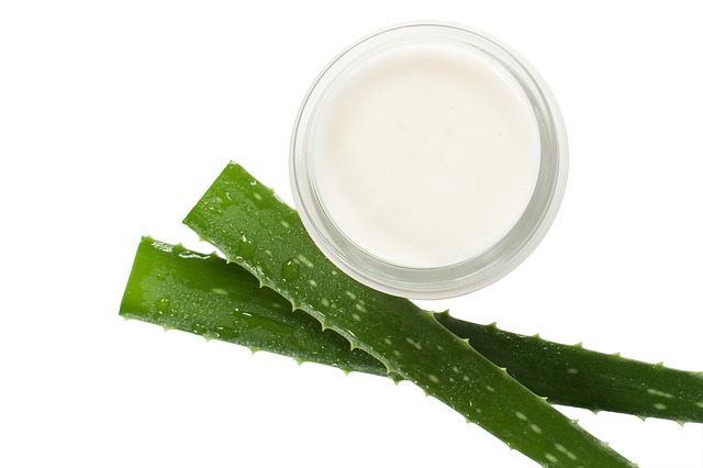 A jar of aloe vera next to two cut aloe leaves.