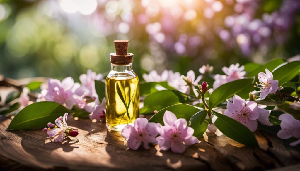 Glass bottle of jojoba oil surrounded by blossoms and leaves.