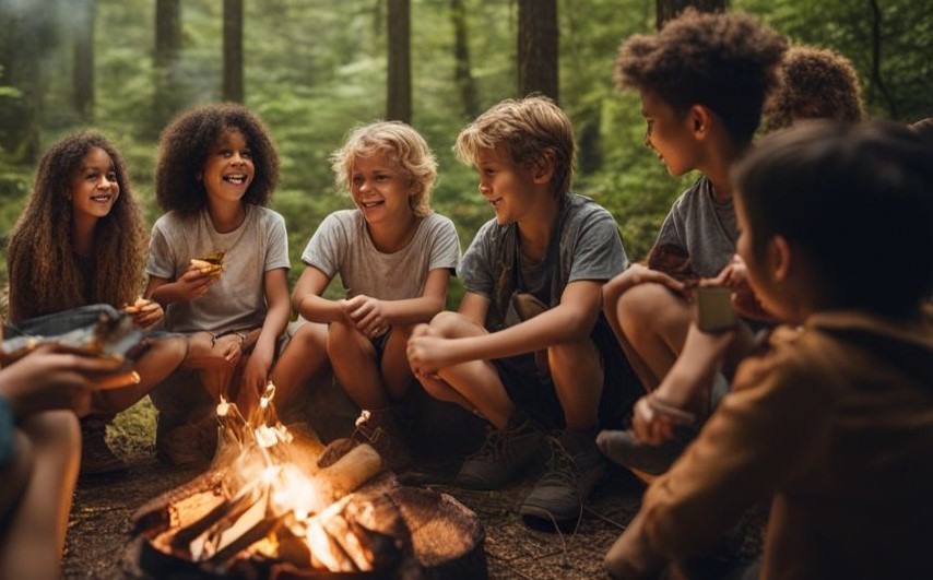 Campfire meal with kids around the fire. Cooking with kids and campfire cooking.