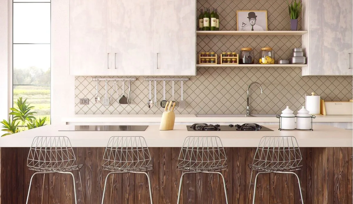 Organized kitchen and homemaking image with countertop, stools, and shelf items.
