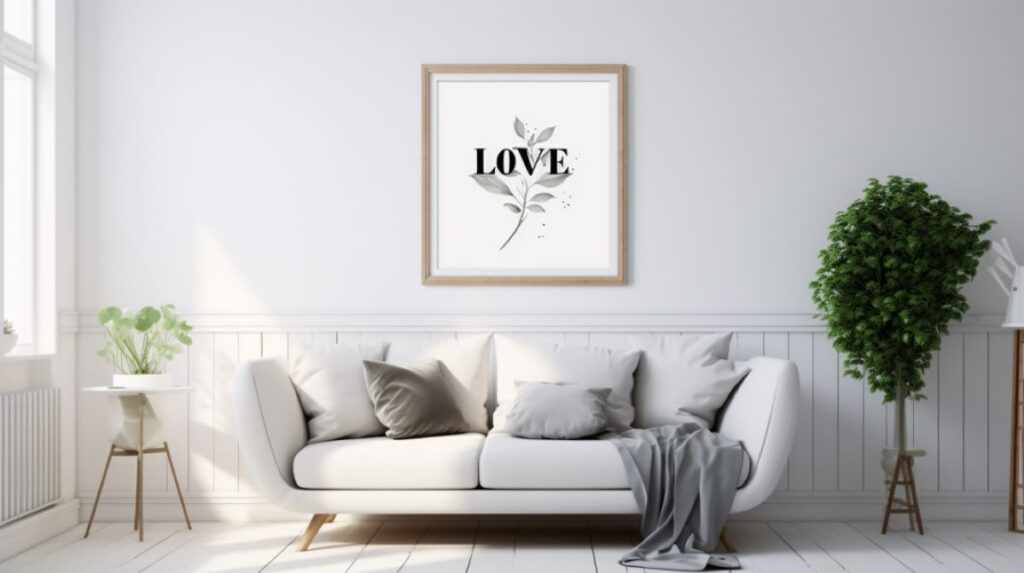 Minimalistic and nutural homemaking. A couch, plant, and a framed picture of "Love" on the wall.