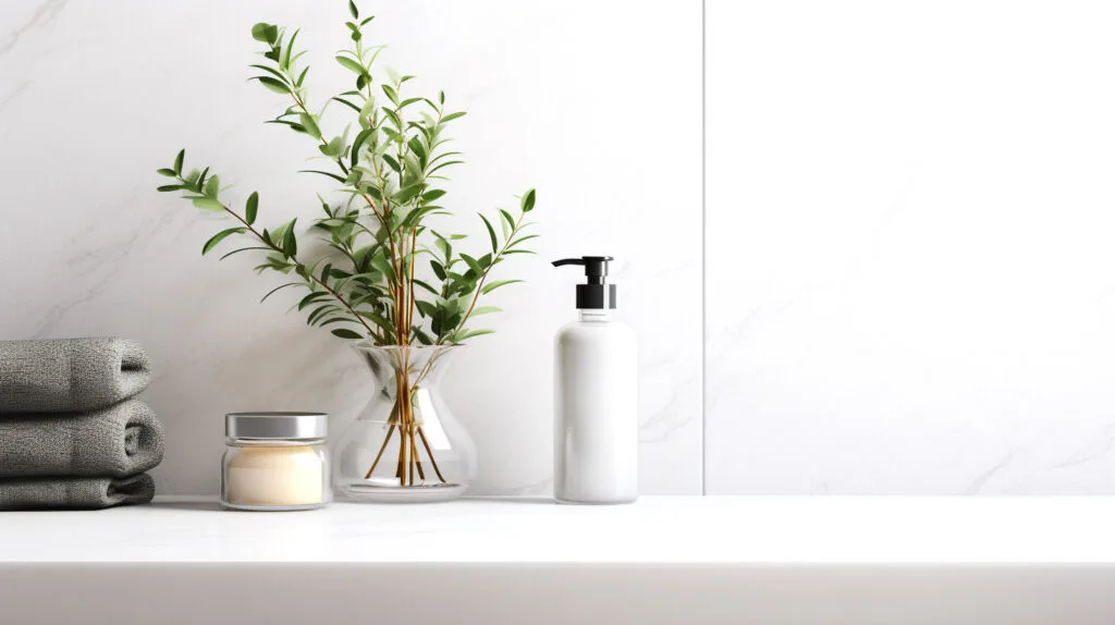 Bathroom counter top with a bottle of essential oil shower gel and body butter for using essential oils in the shower.