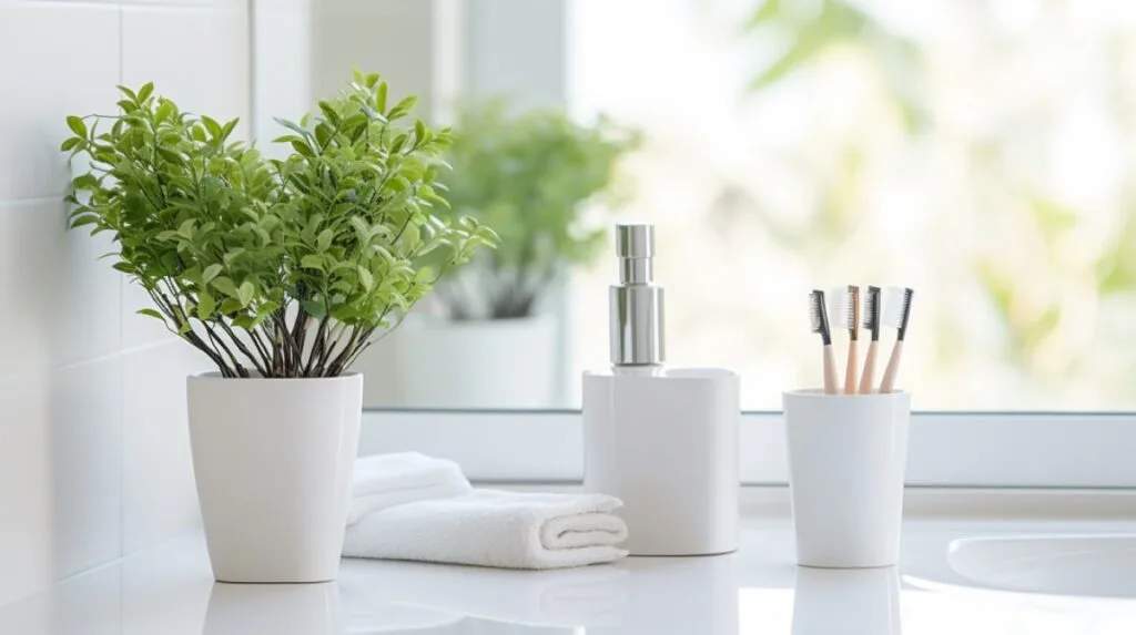 Bathroom counter top with a plan, towel, bottle, and multiple toothbrushes in a cup. Different types of toothpaste, natural is best.