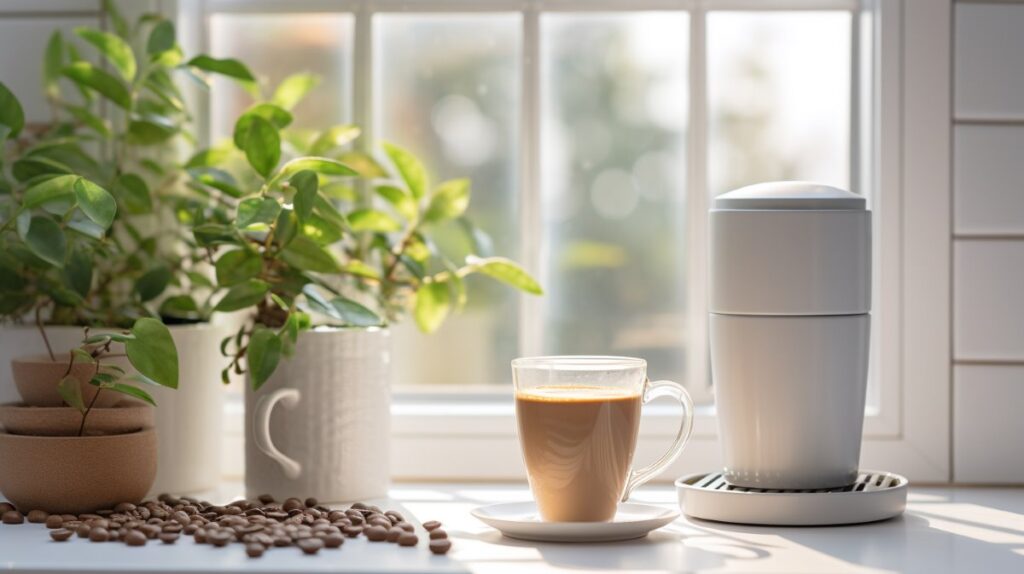 Coffee beans, mug of coffee, plant, and coffee maker on a counter in front of a window.
