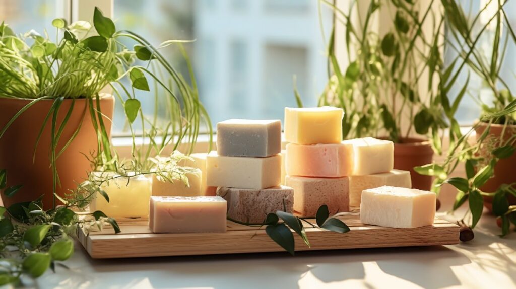 Bars of soap sitting on a bathroom counter with plants in front of a window.