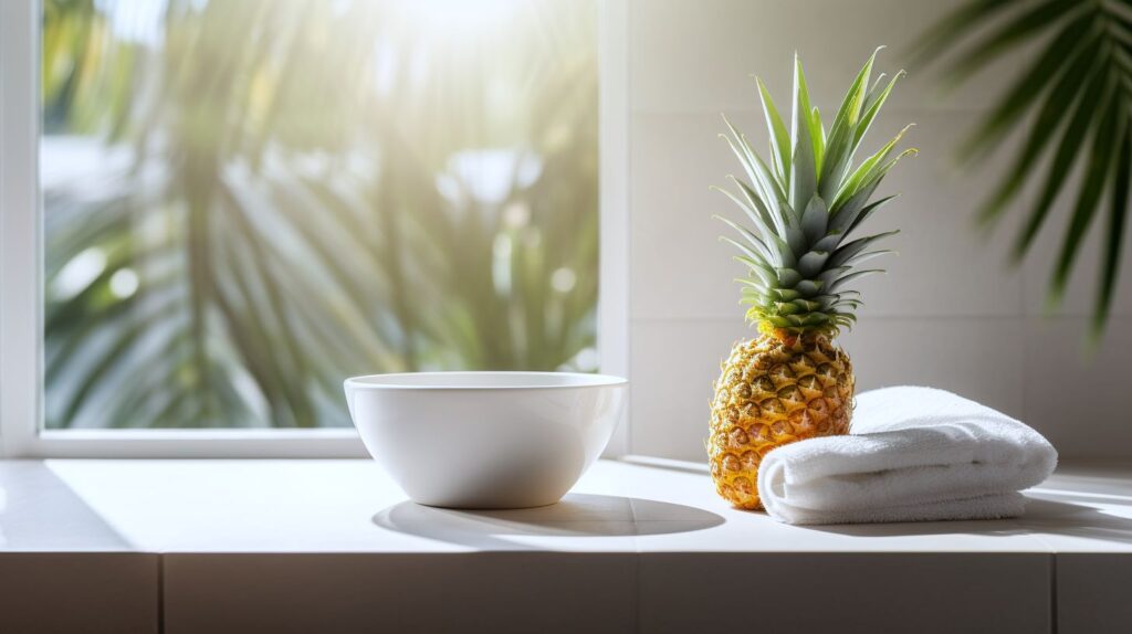 Pineapple on a bathroom countertop. White towel and bowl on counter.