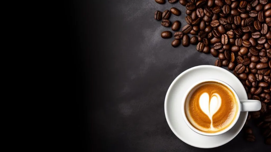 Mug of coffee on slate table with loose coffee beans. There's a heart cream design in the coffee.