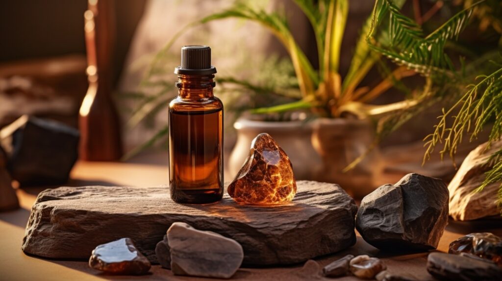 Amber Essential Oil Benefits. Essential oil bottle on rock next to fossilized amber.