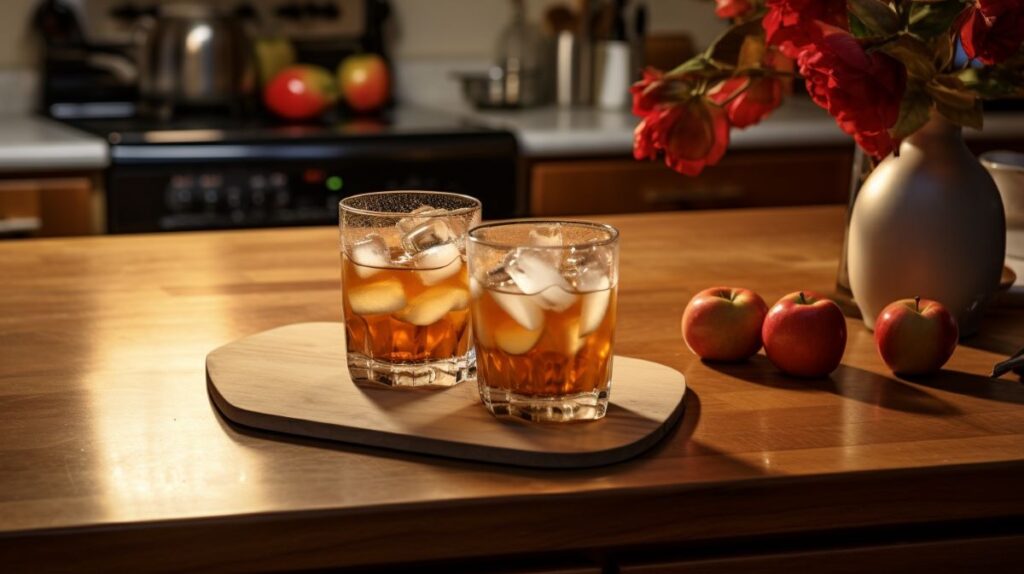 Can you freeze apple cider? Two glasses of apple cider on a kitchen countertop with ice.