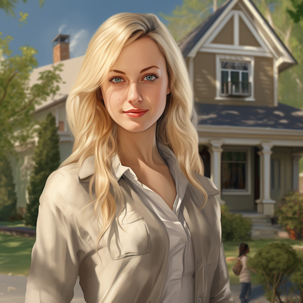 Blond Caucasian wearing button-up shirt in front of a house. Professional, modest, sunlight. 