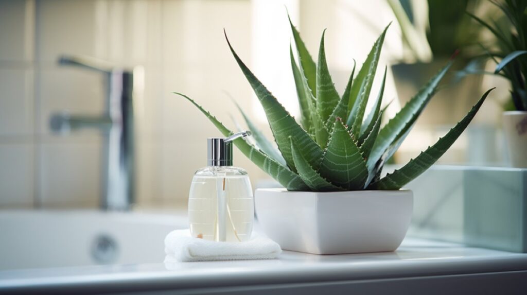Diy aloe vera moisturizer for acne. Aloe plant on bathroom counter.