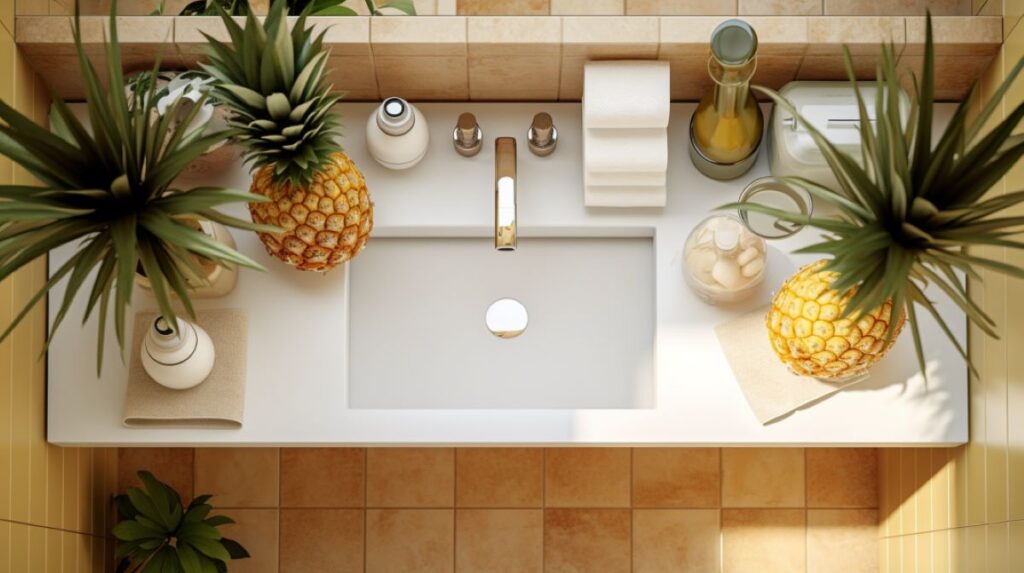 Pineapple, soaps, and jars on a bathroom countertop, organized around a sink.