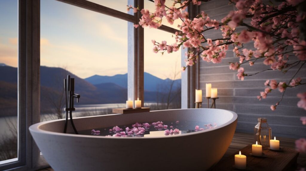 How to make homemade bath powder. Full bathtub in front of window with beautiful view of mountains.