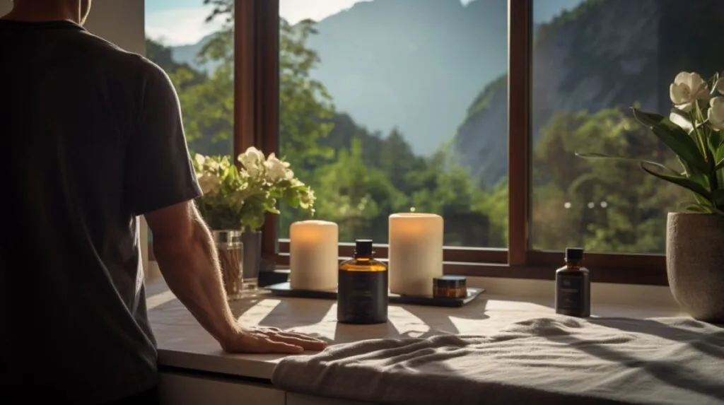 Man with back turned looking out window at mountains behind bathroom counter.
