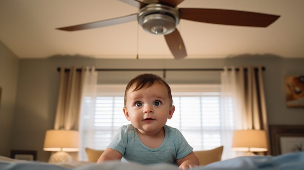 Why do babies like ceiling fans? Baby on bed with ceiling fan behind and above them in a comfortable bedroom