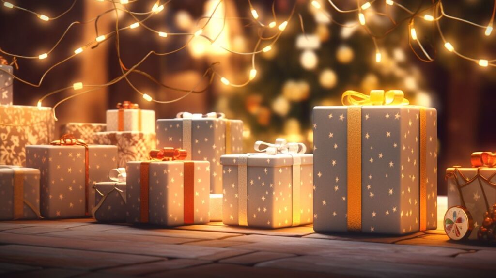 5 gift rule christmas. Beautiful scene of presents on a table with Christmast lights in the background.