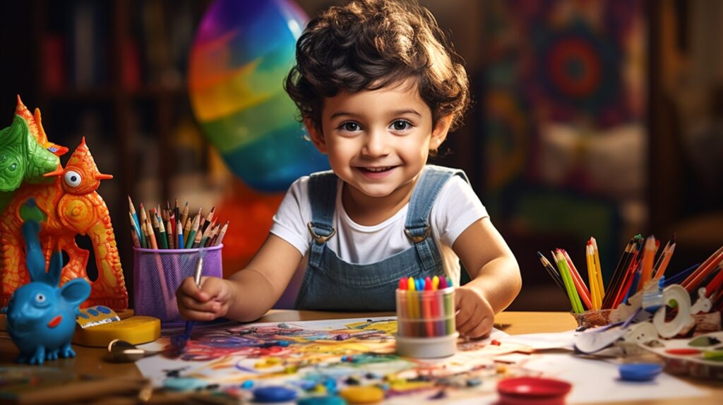 Art-themed gifts for children. Child sitting at a desk smiling and drawing. Pencils, markers, and paints are on the table as well.