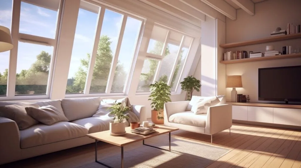 Best essential oils for cleaning house. A modern and clean living room with sun shining through windows.