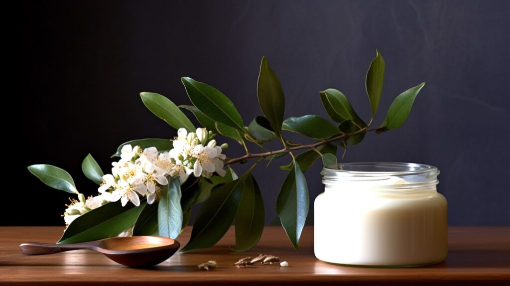Can raw shea butter go bad? Jar of shea butter next to a blossoming shea branch, on a table.