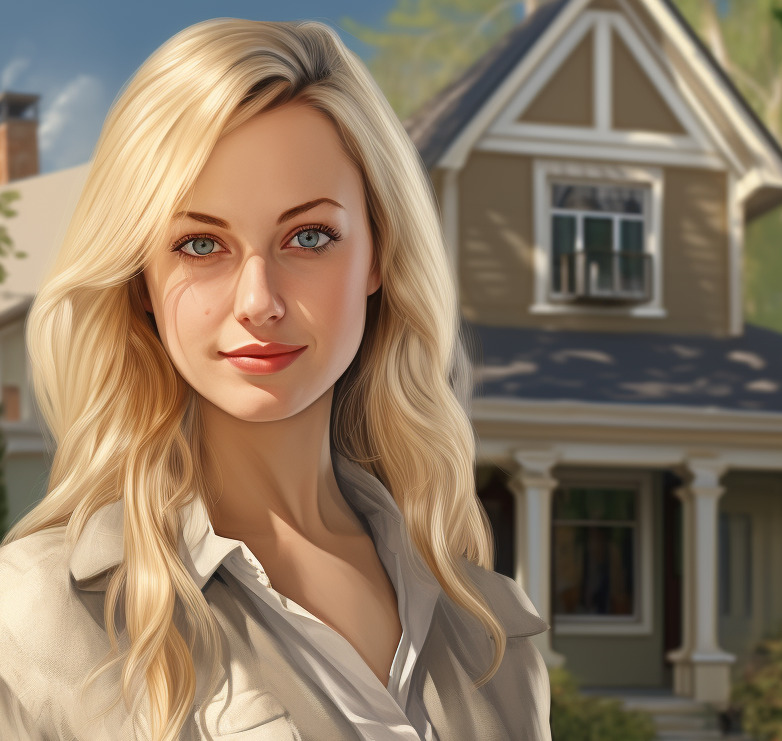 Blond Caucasian wearing button-up shirt in front of a house. Professional, modest, sunlight.