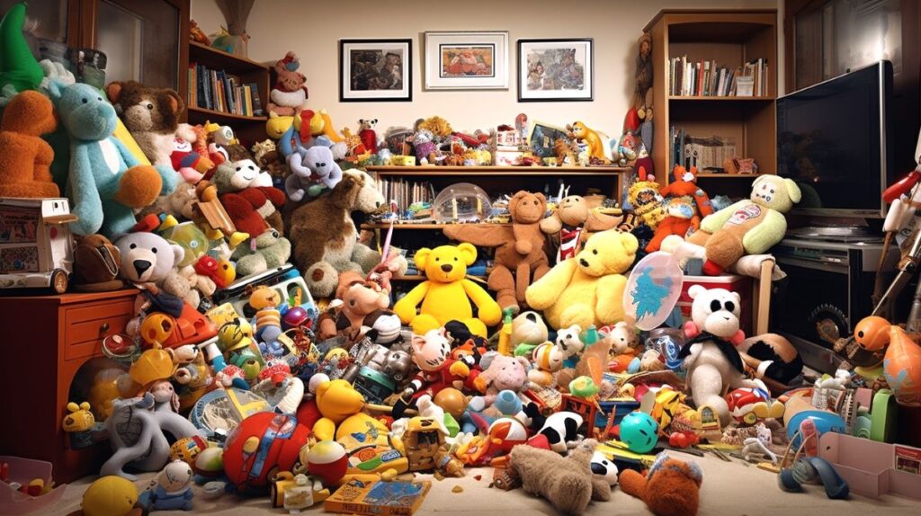 Decluttering kids toys. Many toys cluttering a room, mostly stuffed animals.