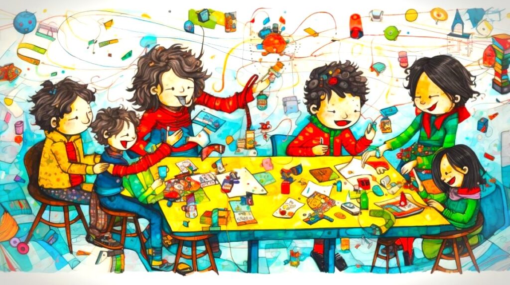 Family night ideas with toddlers. Family and kids sitting around a table playing games. Kid-like drawing.