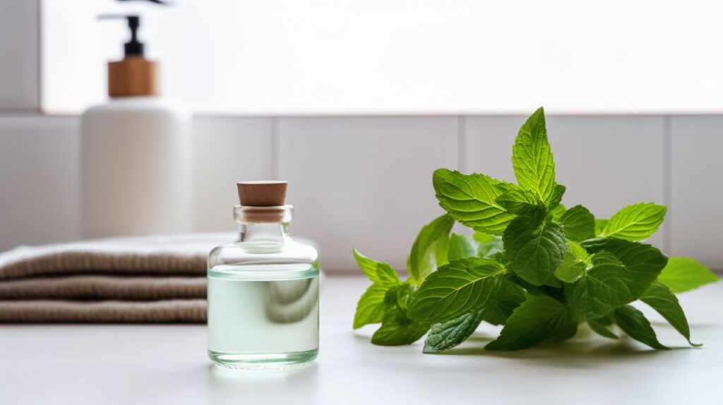 Homemade peppermint shampoo. Bottles and peppermint leaves sitting in a bathroom in front of a shower.