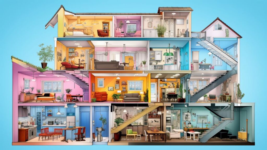 How to clean a messy house fast. Cutaway of a house showing each room.