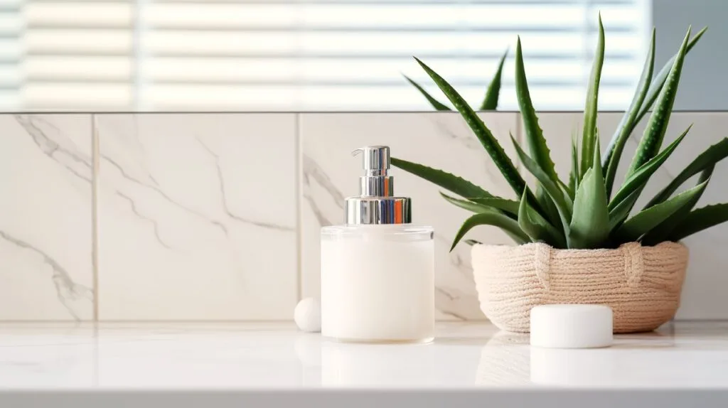 Minimalistic bathroom counter with an aloe plant and DIY aloe moisturizer.