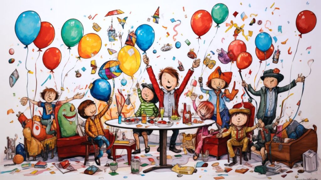 Child-like drawing of a cartoony family celebrating at a party. Balloons, confetti, toys, children.