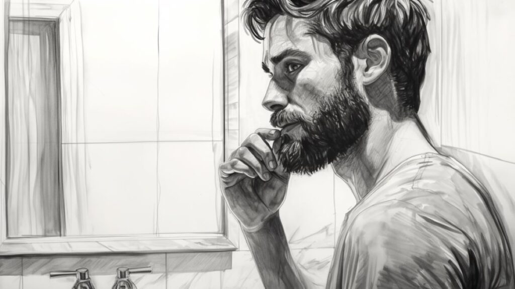 Artistic black and white pencil sketch of a young man teasing his beard in front of a mirror.