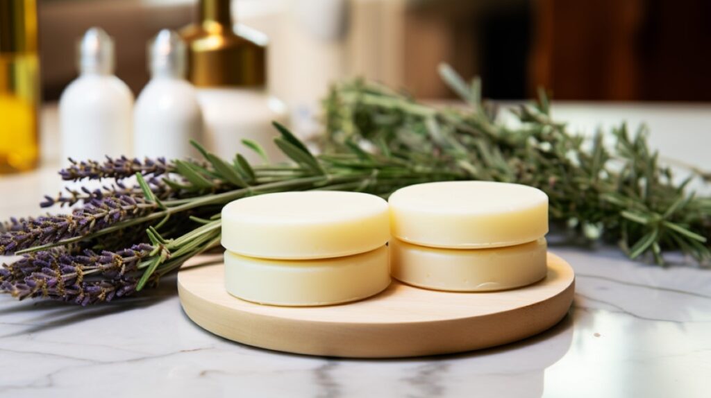 White DIY lotion bars on a wooden plate sitting on a bathroom counter next to lavender flowers.