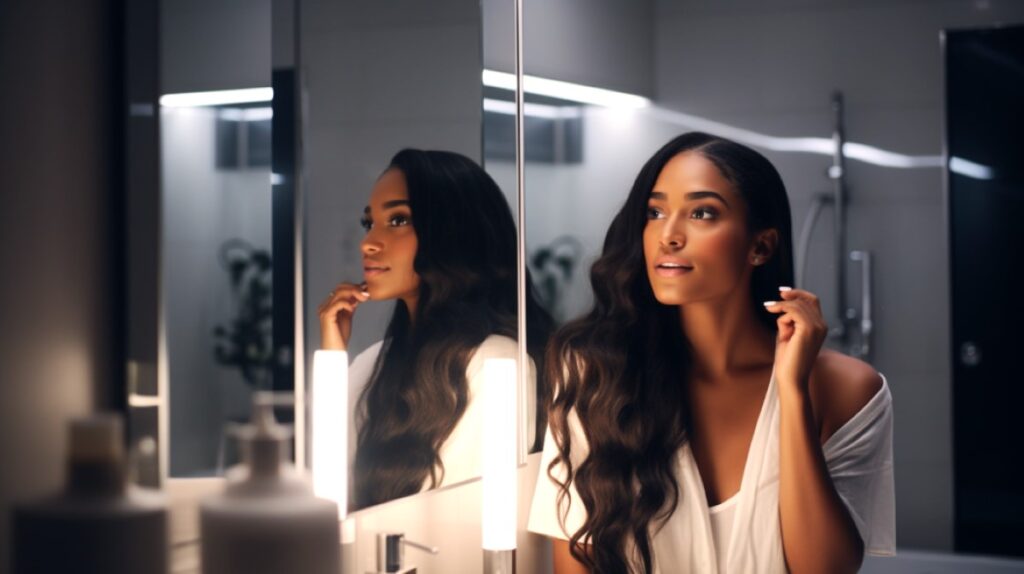 Young attractive black women with straight hair sitting in front of a mirror in a bathroom.