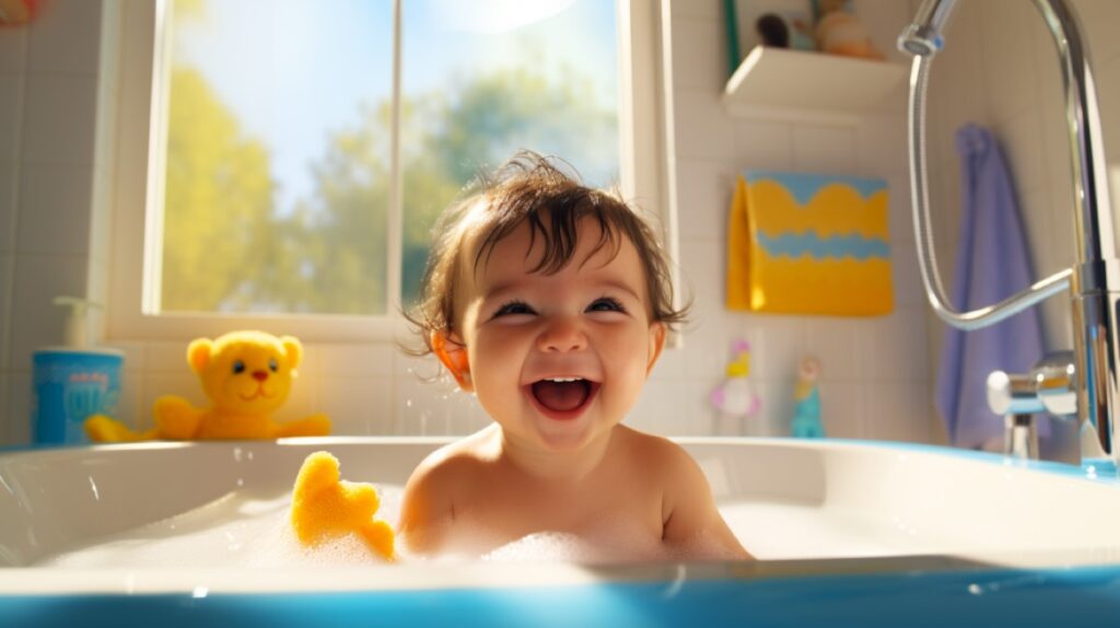 A baby getting a bath in a tub with soap suds in a comforting bright bathroom.