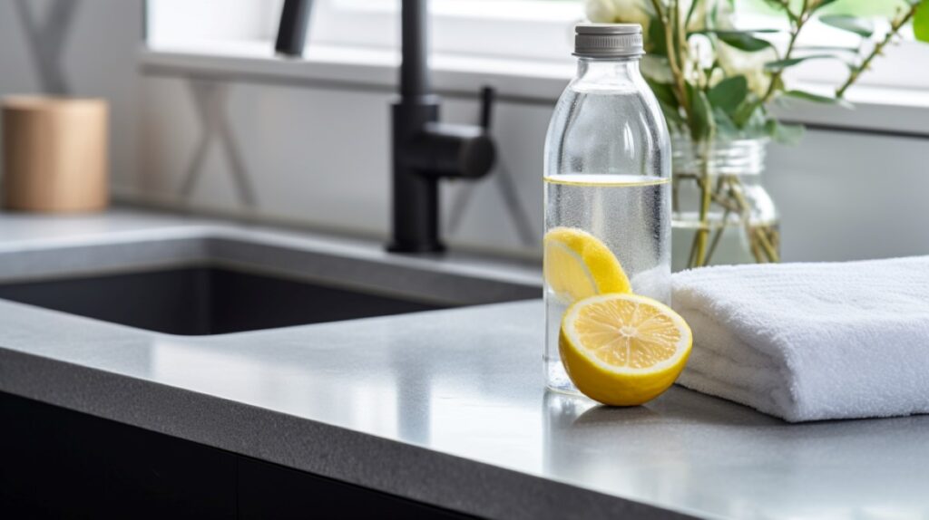 Glass bottle of soda water next to a sliced lemon and white towel on a kitchen countertop.