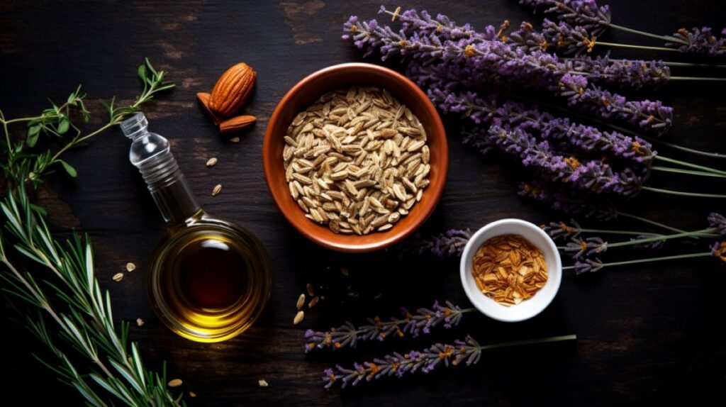 Lavender, oil, almonds, oats, and other natural ingredients on a dark colored table.