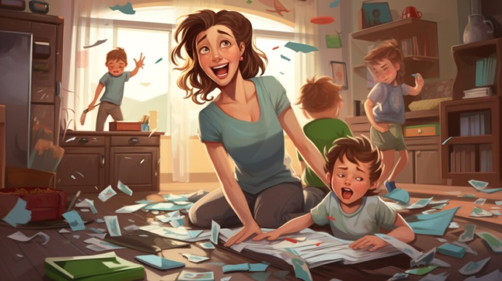 Cartoon-like image of a smiling mom homemaker surrounded by misbehaved children, piles of papers, and a household mess.