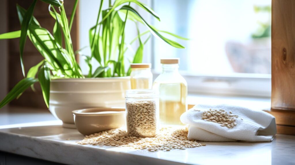 Oats on a bathroom countertop with a bottle of almond oil, a, houseplant, and a towel.