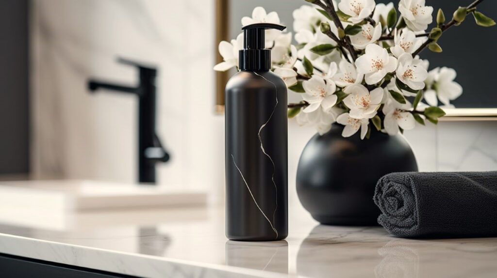 Black shampoo bottle on marble bathroom countertop.