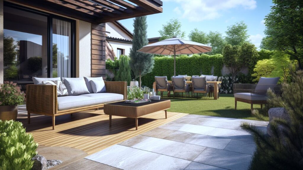 Sunny patio area with modern furniture, artificial grass, and tiled hardscape.