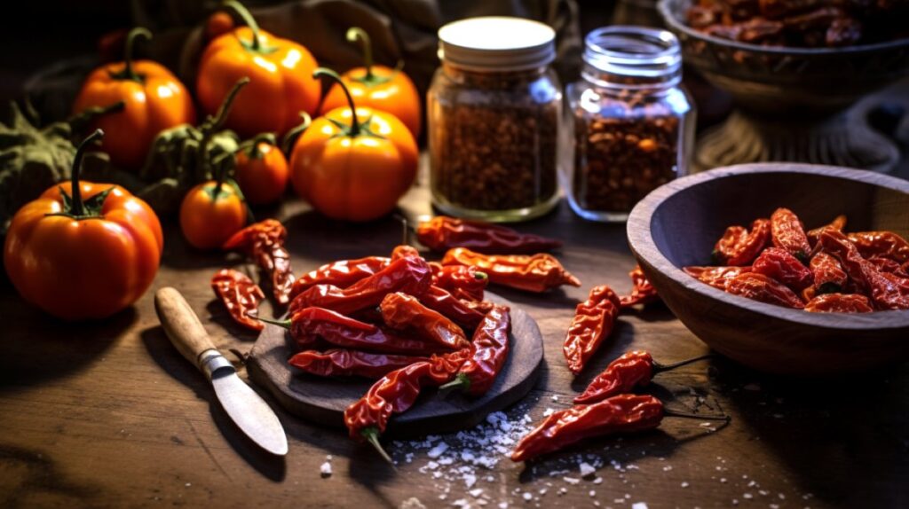 Dried peppers on a wooden table with other cooking ingredients in a kitchen.