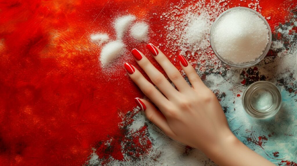Outstretched hand on a table next to a bowl of sugar (top-down), showing nail manicure details in white and red, vogue style.