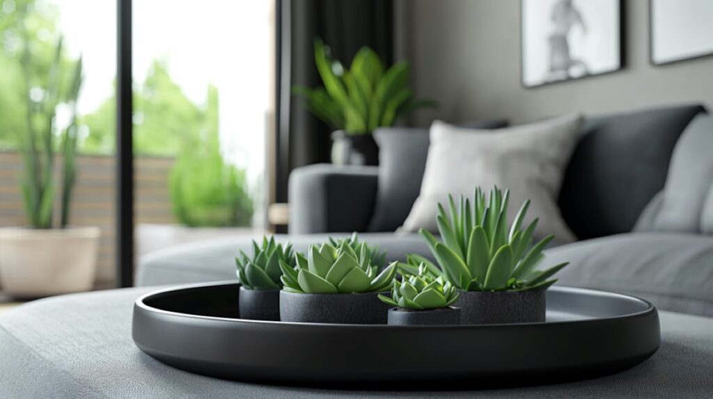 Four succulent plants in small black pots sitting on a coffee table in a modern living room.