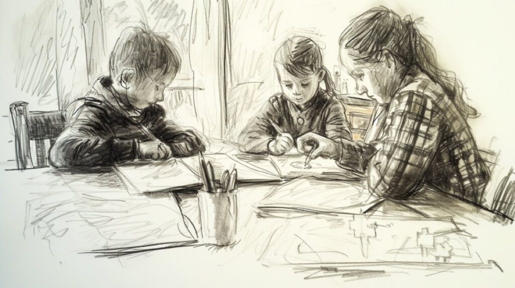 Pencil sketch of three homeschooled children doing homework at a kitchen table.