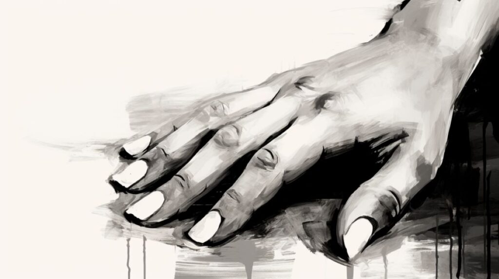 Artistic impressionistic sketch of a hand on a table.