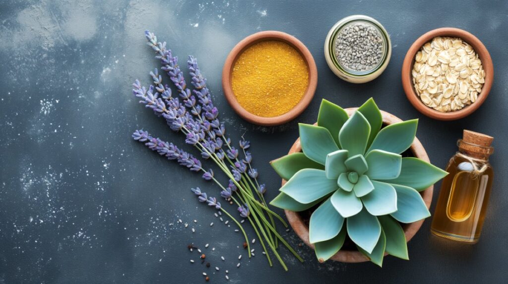 Top-down view of a blue agave plant and small bowls of natural skincare ingredients like oats, turmeric, lavender, and honey.