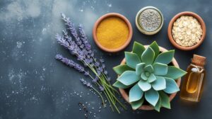 Top-down view of a blue agave plant and small bowls of natural skincare ingredients like oats, turmeric, lavender, and honey.