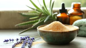 A large bowl of brown sugar sitting on a bathroom countertop with lavender branches, an aloe plant, a brown bottle of essential oil, and a brown bottle of carrier oil.