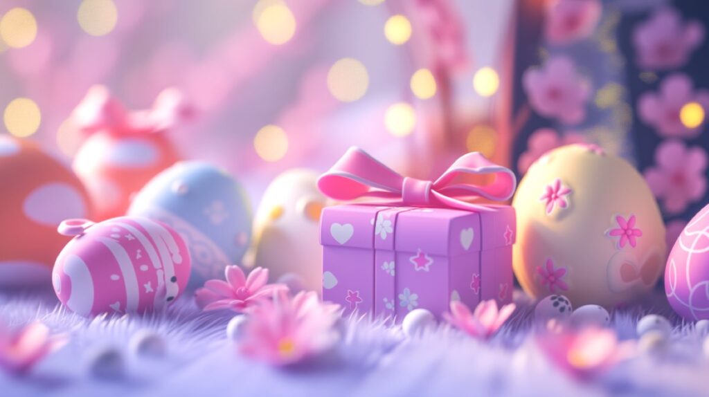 Cartoon-like 3D scene of Easter eggs sitting on pink fur material with small flowers, a gift box, and blurred lights in the background.