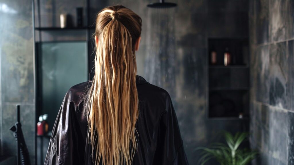 Rear view of attractive blond women with wet long straight hair in a black robe in a bathroom.